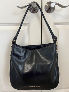 ANTONIO MELANI Black Leather Shoulder Hobo with Gold Accents